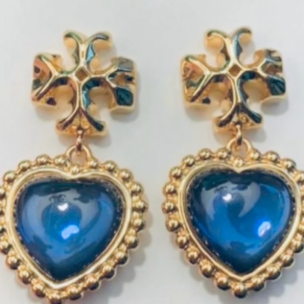 Tory Burch ROXANNE gold logo blue heart drop earrings 💙🩵 - Picture 2 of 6